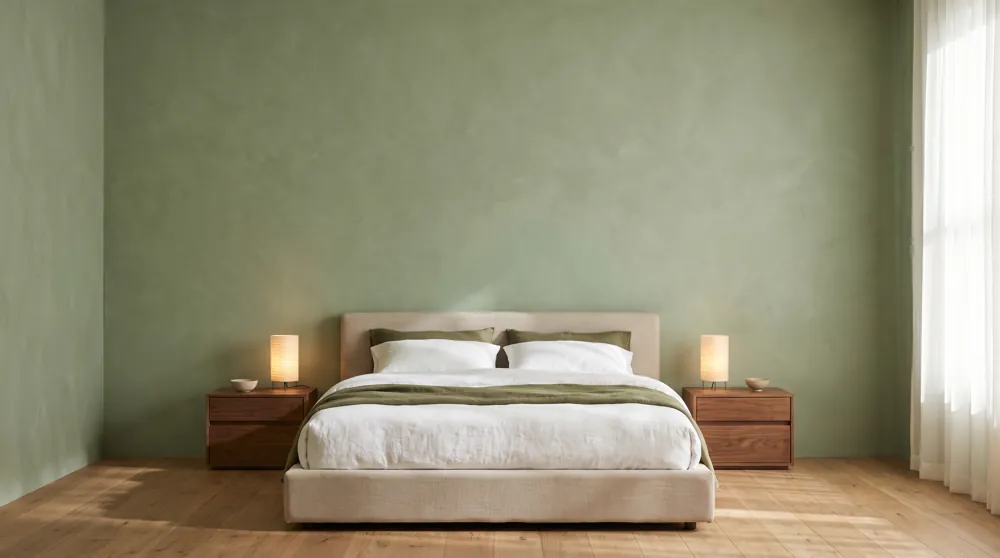 Bedroom with a sage plaster wall and a linen bed