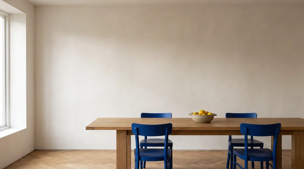 Dining room with a lime-white wall, an oak table and cobalt chairs